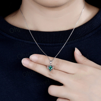 Vintage kite cut green emerald necklace 14k white gold Personalized moon cluster black diamond unique Pendant women anniversary gift for her