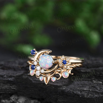 Round white opal engagement ring 14k yellow gold moon cluster sapphire twisted antique wedding bridal ring set women jewelry gift