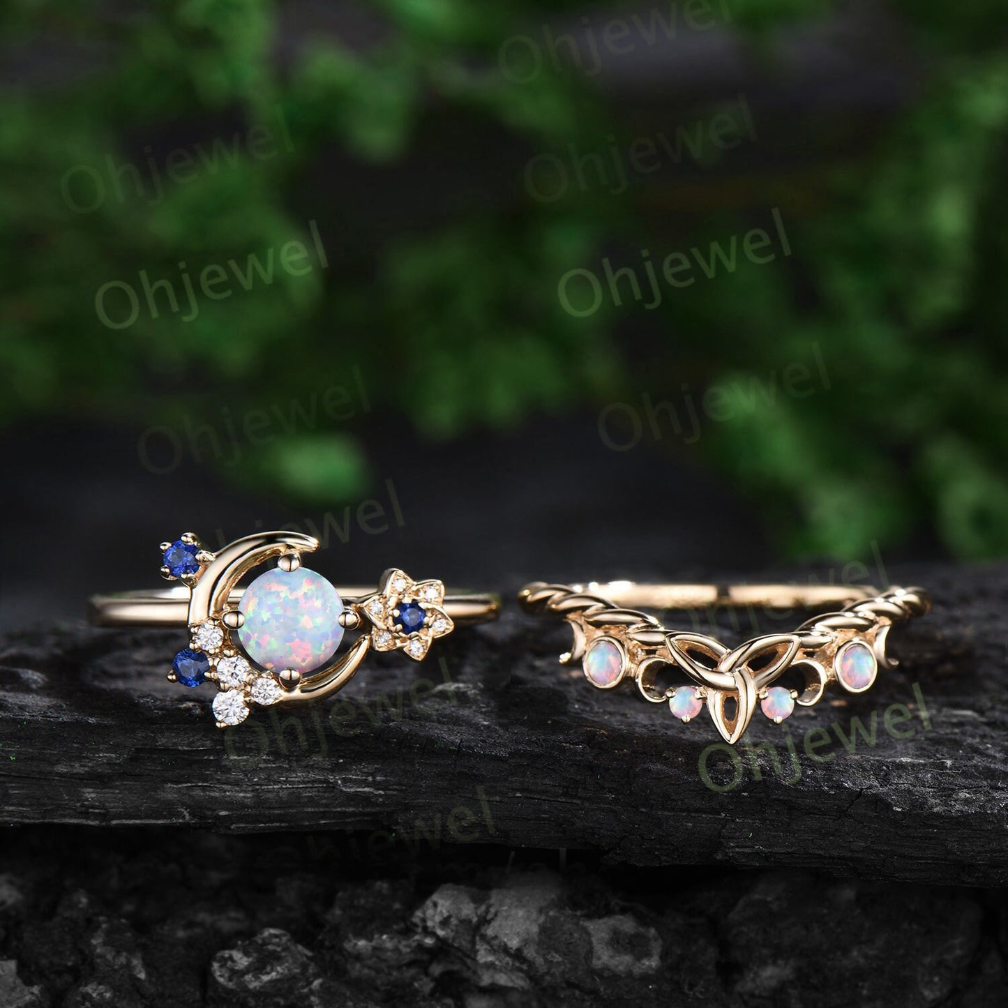 Round white opal engagement ring 14k yellow gold moon cluster sapphire twisted antique wedding bridal ring set women jewelry gift