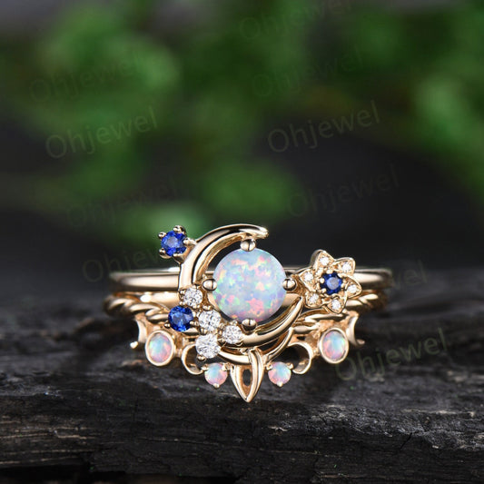 Round white opal engagement ring 14k yellow gold moon cluster sapphire twisted antique wedding bridal ring set women jewelry gift