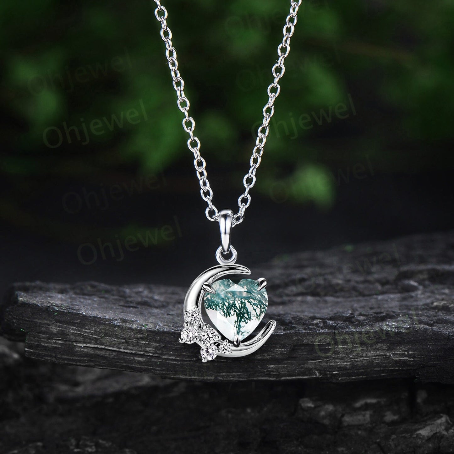 Vintage heart shaped green moss agate necklace 14k rose gold Personalized dainty moon cluster diamond unique Pendant women anniversary gift