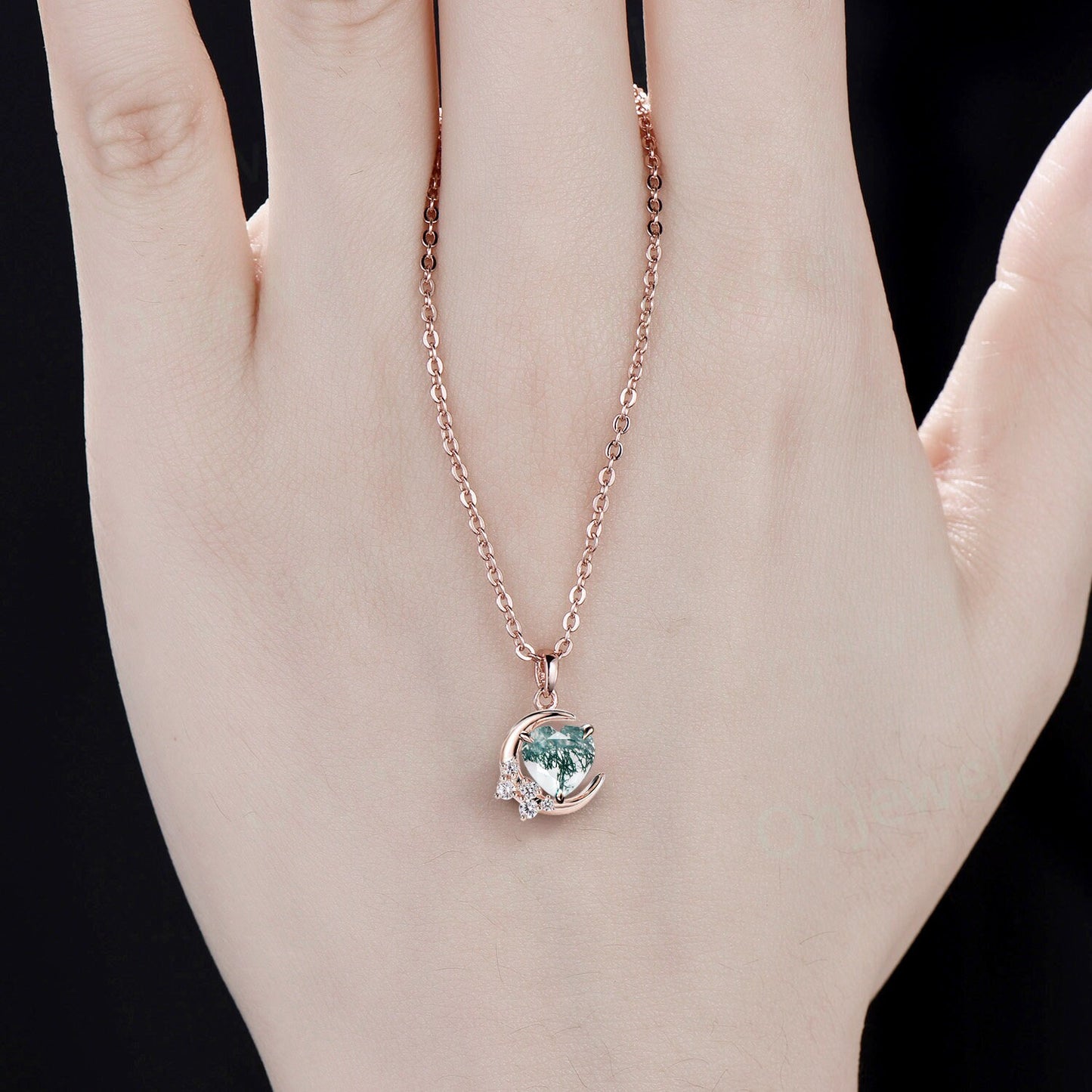 Vintage heart shaped green moss agate necklace 14k rose gold Personalized dainty moon cluster diamond unique Pendant women anniversary gift