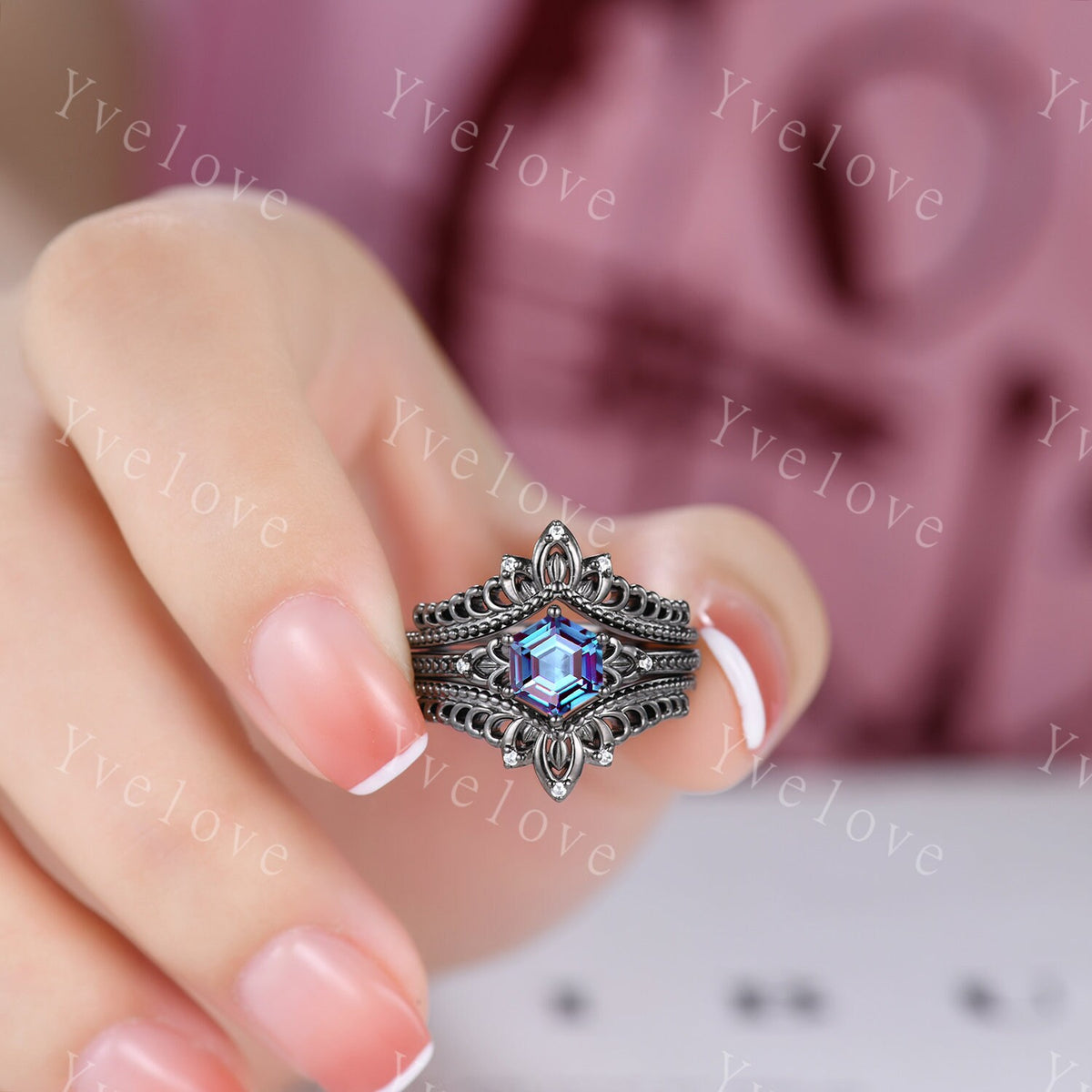 Hexagon Cut Alexandrite Engagement Ring Set Vintage Black Gold Ring Unique black wedding band,Diamond Wrap guard Band Celtic Gothic Ring