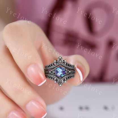 Hexagon Cut Alexandrite Engagement Ring Set Vintage Black Gold Ring Unique black wedding band,Diamond Wrap guard Band Celtic Gothic Ring