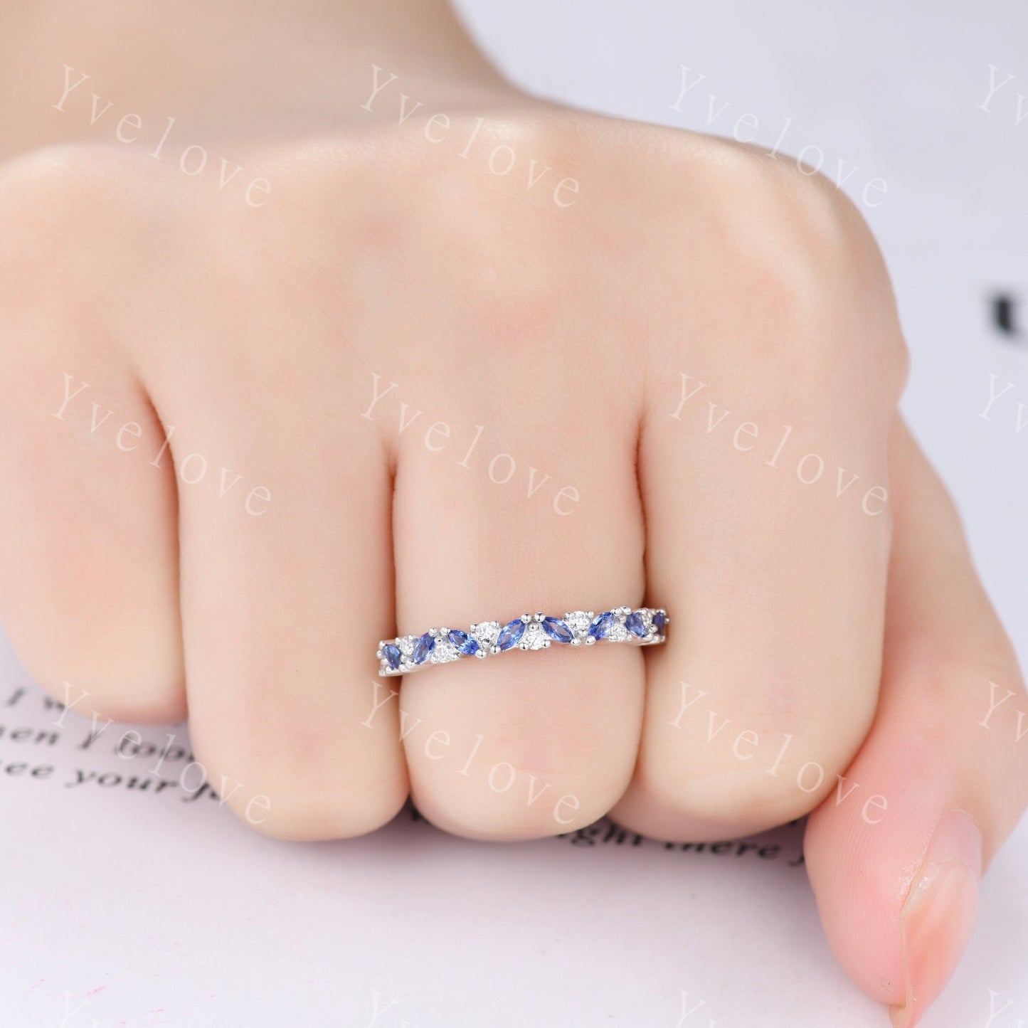 Marquise sapphire wedding band vintage sapphire ring yellow gold moissanite antique unique stacking band anniversary promise matching band
