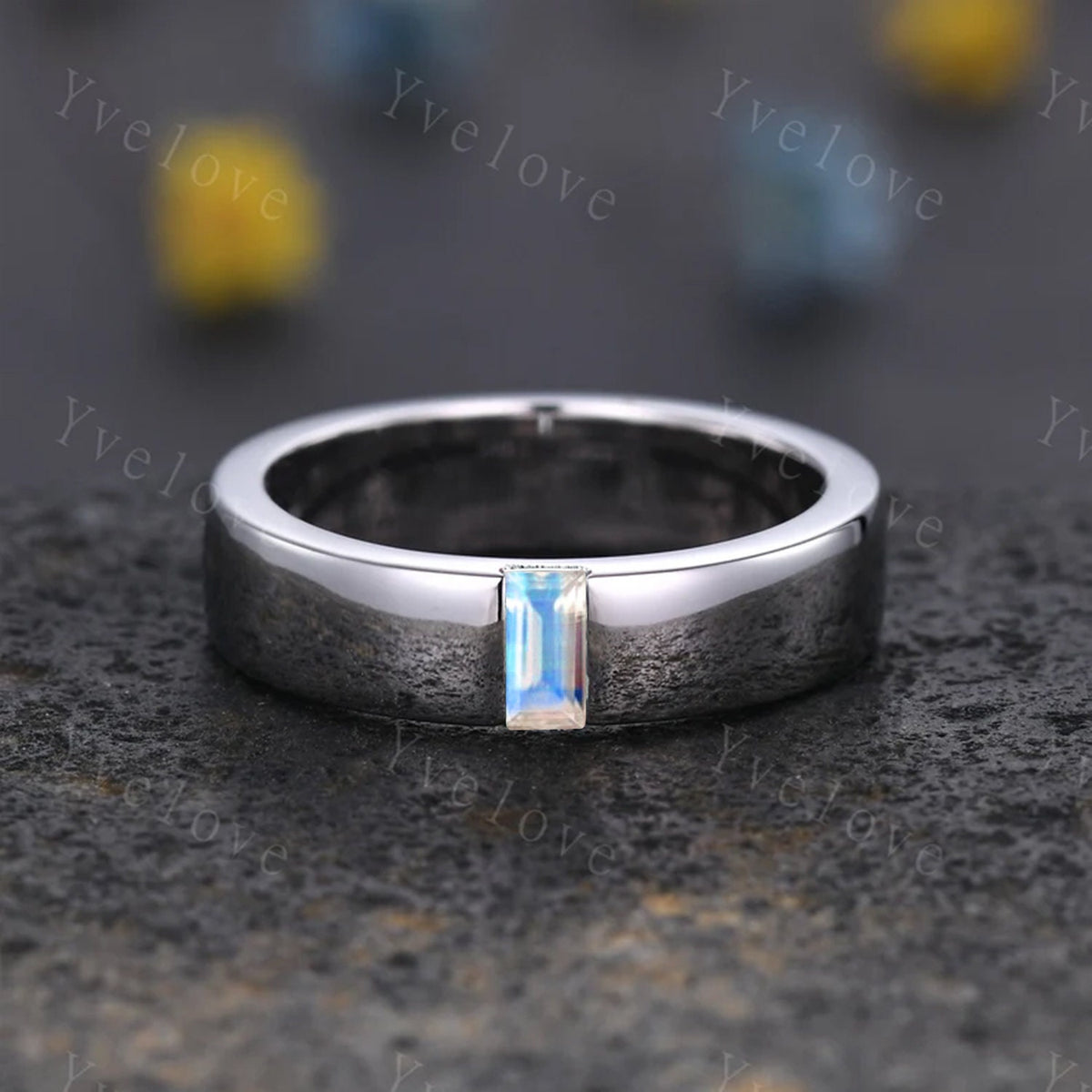 Mens Moonstone Wedding Band Baguette Cut Band 5mm Solid Gold Ring Mens Smooth Band Solitaire Stacking Matching Band Retro Vintage Ring Gift