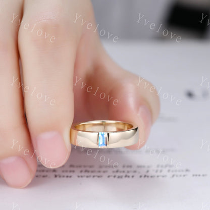 Mens Moonstone Wedding Band Baguette Cut Band 5mm Solid Gold Ring Mens Smooth Band Solitaire Stacking Matching Band Retro Vintage Ring Gift