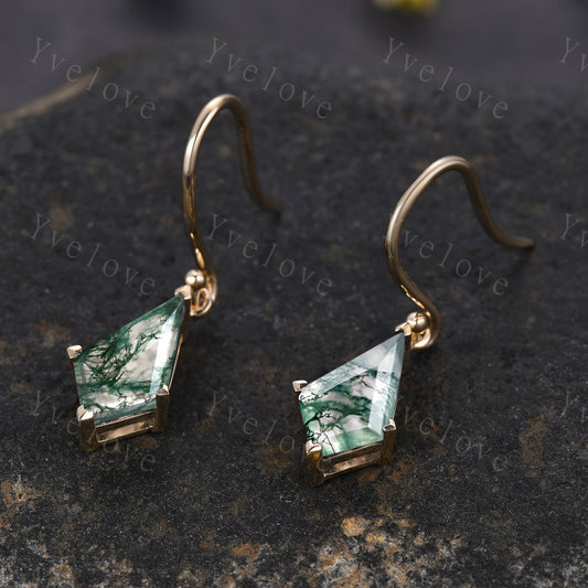 Vintage Kite cut Moss agate earrings natural gemstone jewelry unique earrings women art deco earring best friend gift for her Birthday Gift