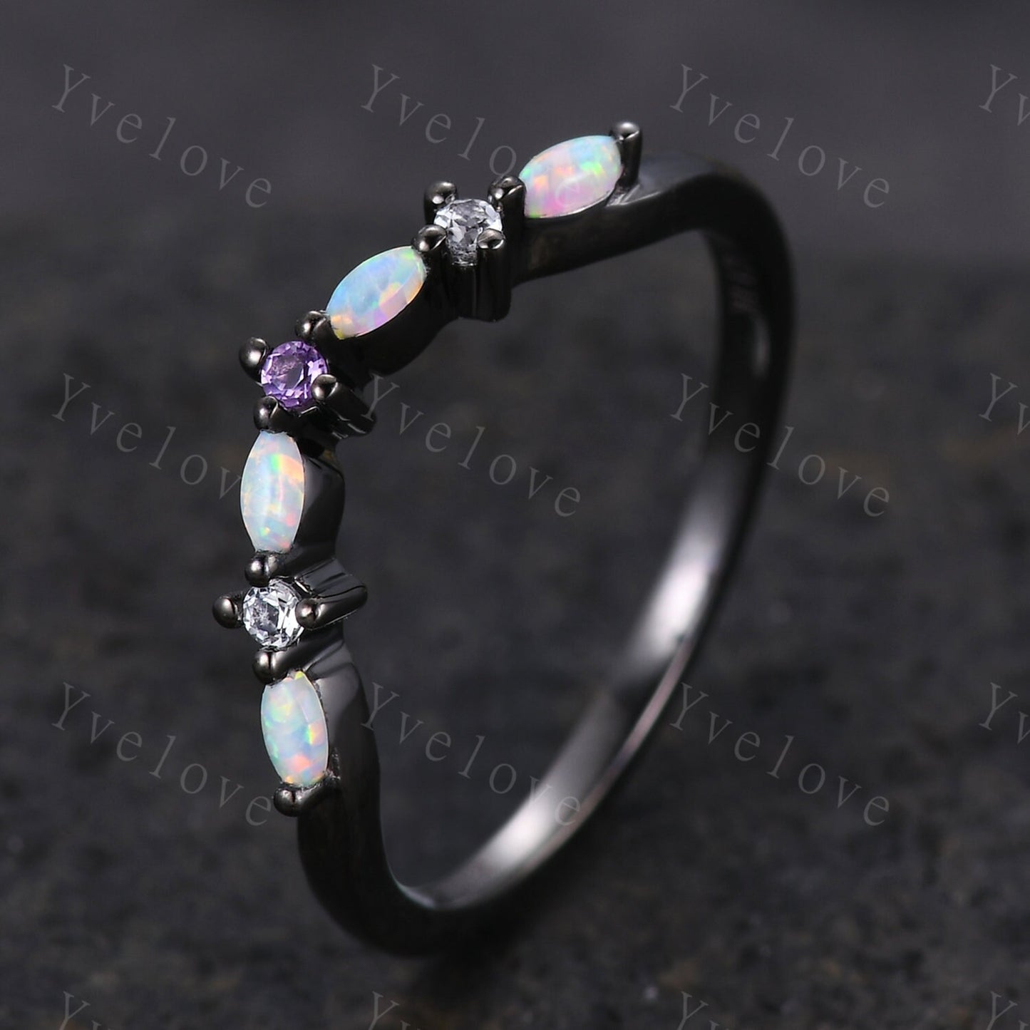 Antique Amethyst Opal wedding band marquise Opal Ring,Women Matching Band,Art Deco Curved Moissanite Wedding Band,Black Gold Ring,Customized