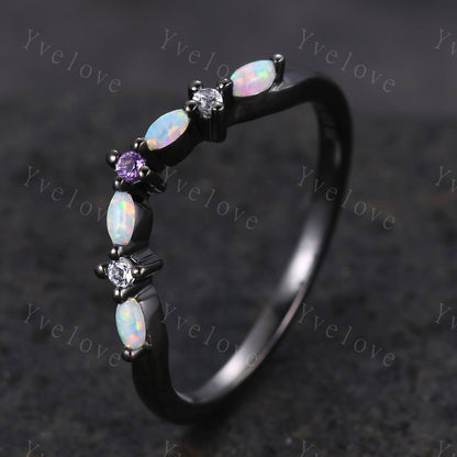Antique Amethyst Opal wedding band marquise Opal Ring,Women Matching Band,Art Deco Curved Moissanite Wedding Band,Black Gold Ring,Customized