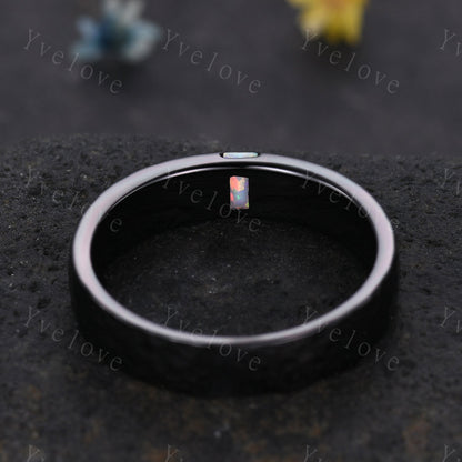 Mens White Fire Opal Wedding Band Baguette Cut Opal Band 5mm Black Silver Ring Mens Hammered Stacking Matching Band Retro Vintage Ring Gift