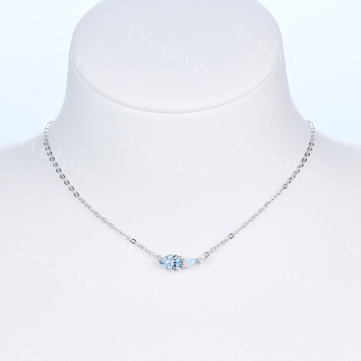 Unique Aquamarine Opal Necklace,Pear Cut Gems,Art Deco Moissanite Diamond Delicate Dainty Necklace,3 Stone Unique Women Bridal Gift,Silver