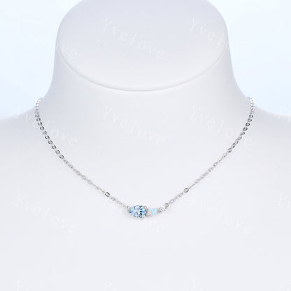 Unique Aquamarine Opal Necklace,Pear Cut Gems,Art Deco Moissanite Diamond Delicate Dainty Necklace,3 Stone Unique Women Bridal Gift,Silver