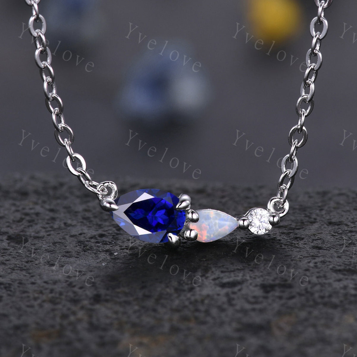 Unique Aquamarine Opal Necklace,Pear Cut Gems,Art Deco Moissanite Diamond Delicate Dainty Necklace,3 Stone Unique Women Bridal Gift,Silver
