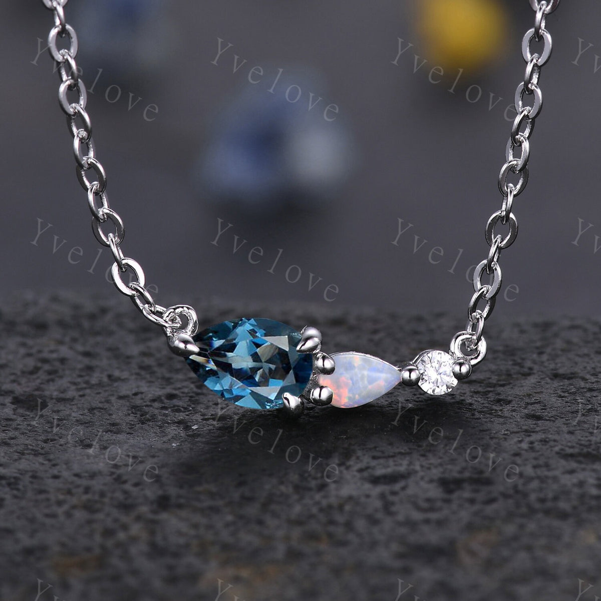 Unique Aquamarine Opal Necklace,Pear Cut Gems,Art Deco Moissanite Diamond Delicate Dainty Necklace,3 Stone Unique Women Bridal Gift,Silver