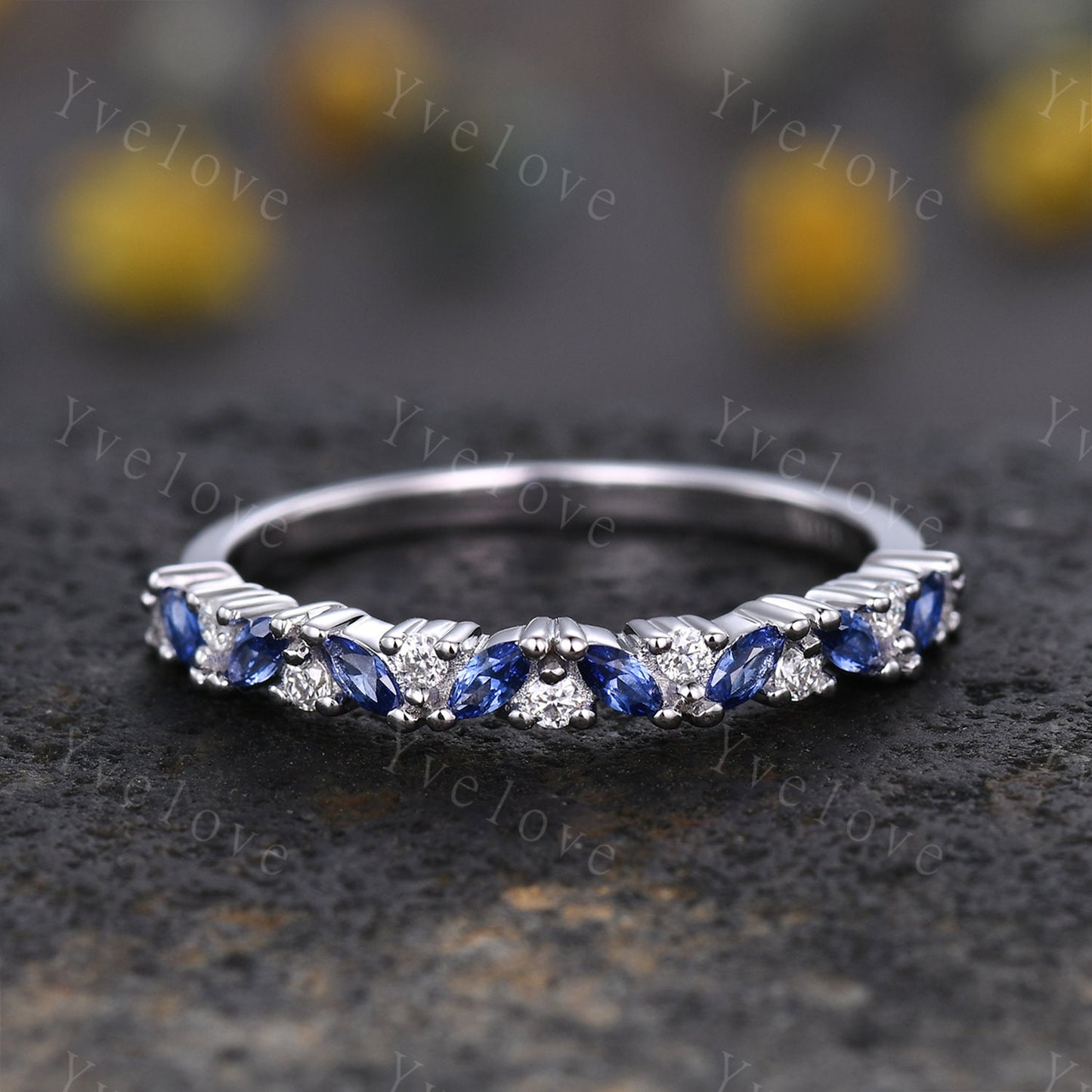Marquise sapphire wedding band vintage sapphire ring yellow gold moissanite antique unique stacking band anniversary promise matching band