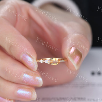 Vintage Yellow Citrine Opal Engagement Ring,Pear Cut Gems,Art Deco Moissanite Wedding Band,3 Stone Unique Women Bridal Promise Ring,Custom