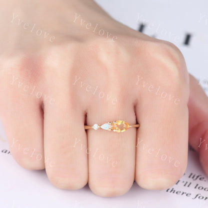 Vintage Yellow Citrine Opal Engagement Ring,Pear Cut Gems,Art Deco Moissanite Wedding Band,3 Stone Unique Women Bridal Promise Ring,Custom