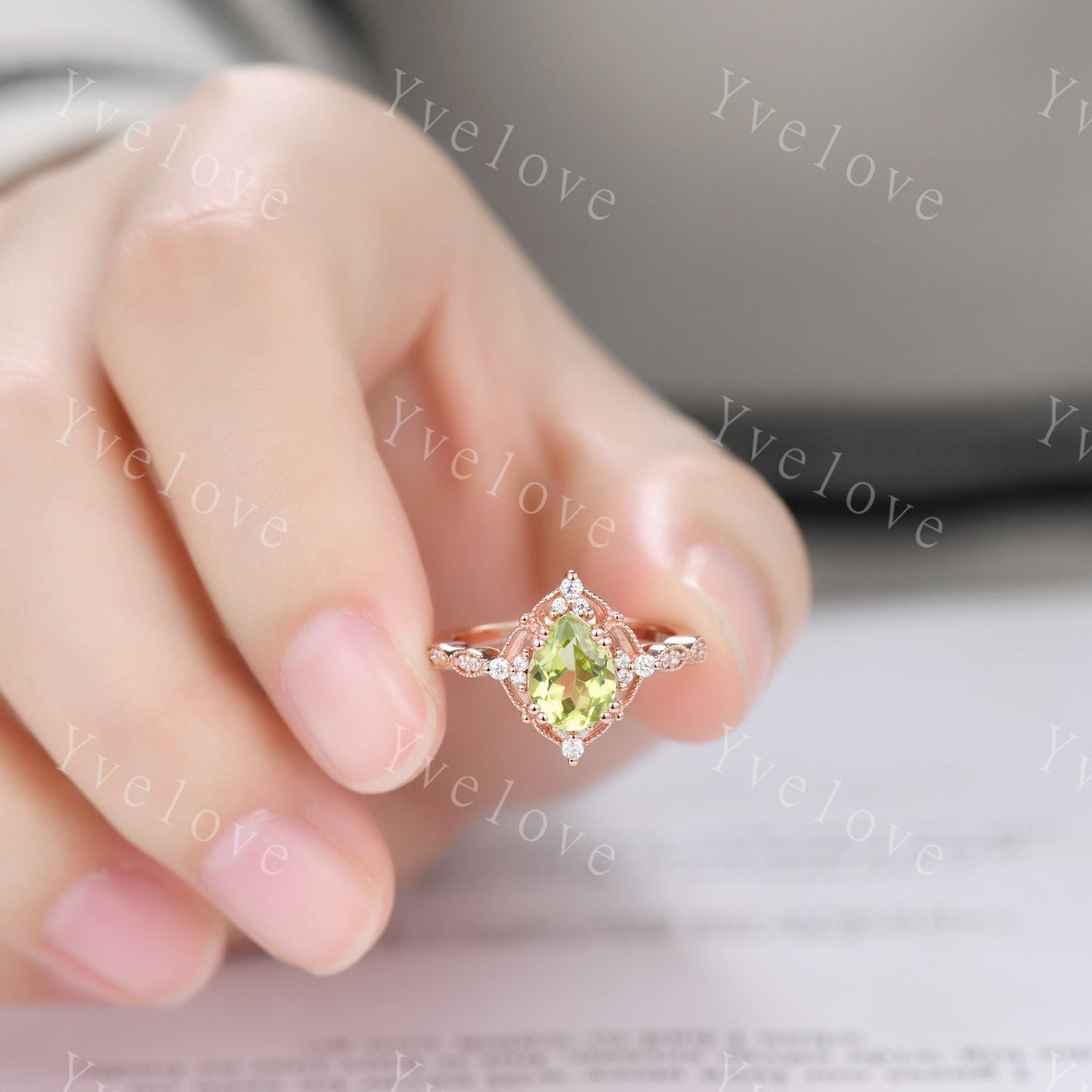 Vintage Green Peridot Engagement Ring,Teardrop Peridot Ring,14K Solid Gold Ring,Unique Women Moissanite Promise Ring For Her,Handmade Gift