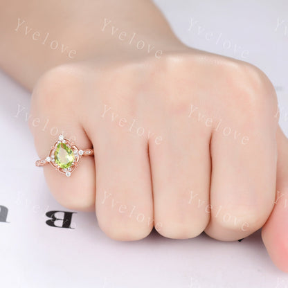 Vintage Green Peridot Engagement Ring,Teardrop Peridot Ring,14K Solid Gold Ring,Unique Women Moissanite Promise Ring For Her,Handmade Gift