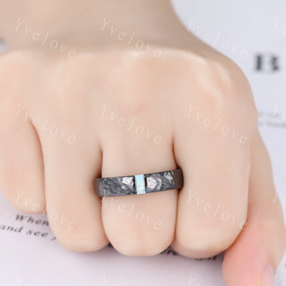 Mens White Fire Opal Wedding Band Baguette Cut Opal Band 5mm Black Silver Ring Mens Hammered Stacking Matching Band Retro Vintage Ring Gift