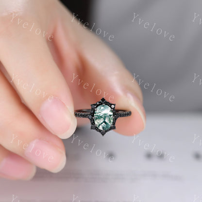Gothic Oval Shape Moss Agate Engagement Ring Set,Black Gold Black Diamond Promise Ring Set Unique Rhodium Black Witchy Ring Bridal Set Gift