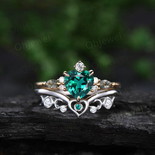 Vintage heart emerald engagement ring rose gold moss agate ring women moon bezel moissanite wedding bridal ring set jewelry