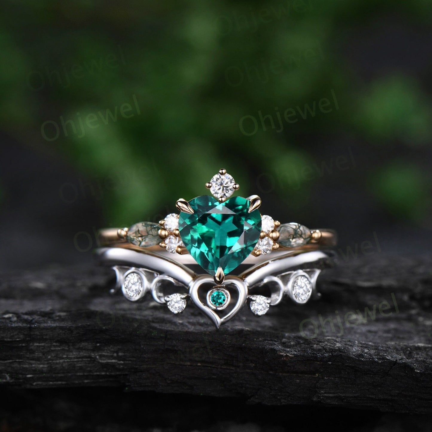 Vintage heart emerald engagement ring rose gold moss agate ring women moon bezel moissanite wedding bridal ring set jewelry