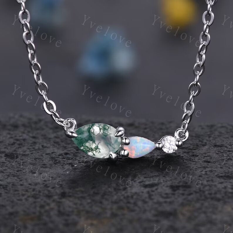 Unique Aquamarine Opal Necklace,Pear Cut Gems,Art Deco Moissanite Diamond Delicate Dainty Necklace,3 Stone Unique Women Bridal Gift,Silver