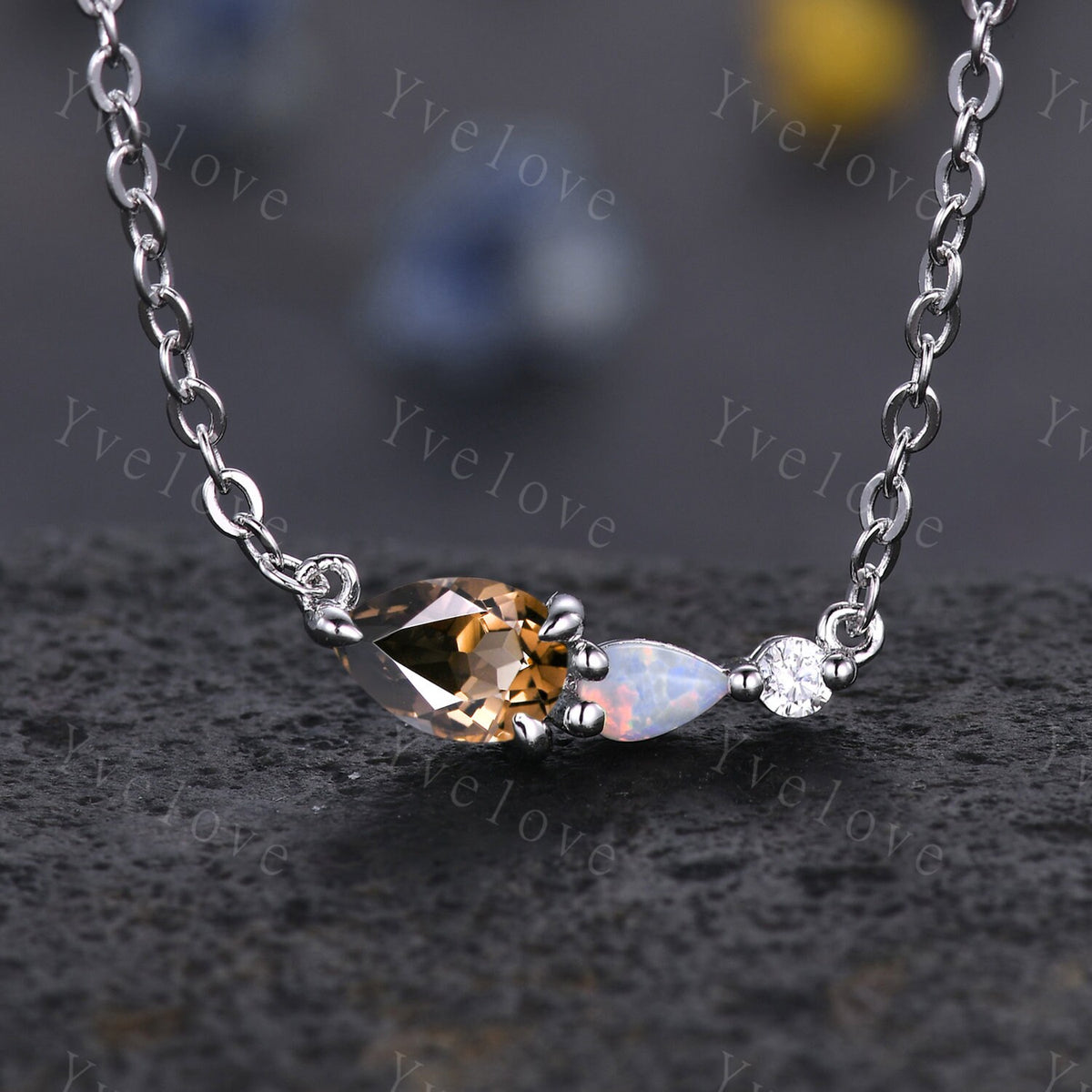 Unique Aquamarine Opal Necklace,Pear Cut Gems,Art Deco Moissanite Diamond Delicate Dainty Necklace,3 Stone Unique Women Bridal Gift,Silver