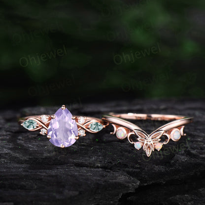 Pear shaped Lavender Amethyst ring vintage unique engagement ring art deco rose gold leaf moon opal ring women twisted promise ring set gift