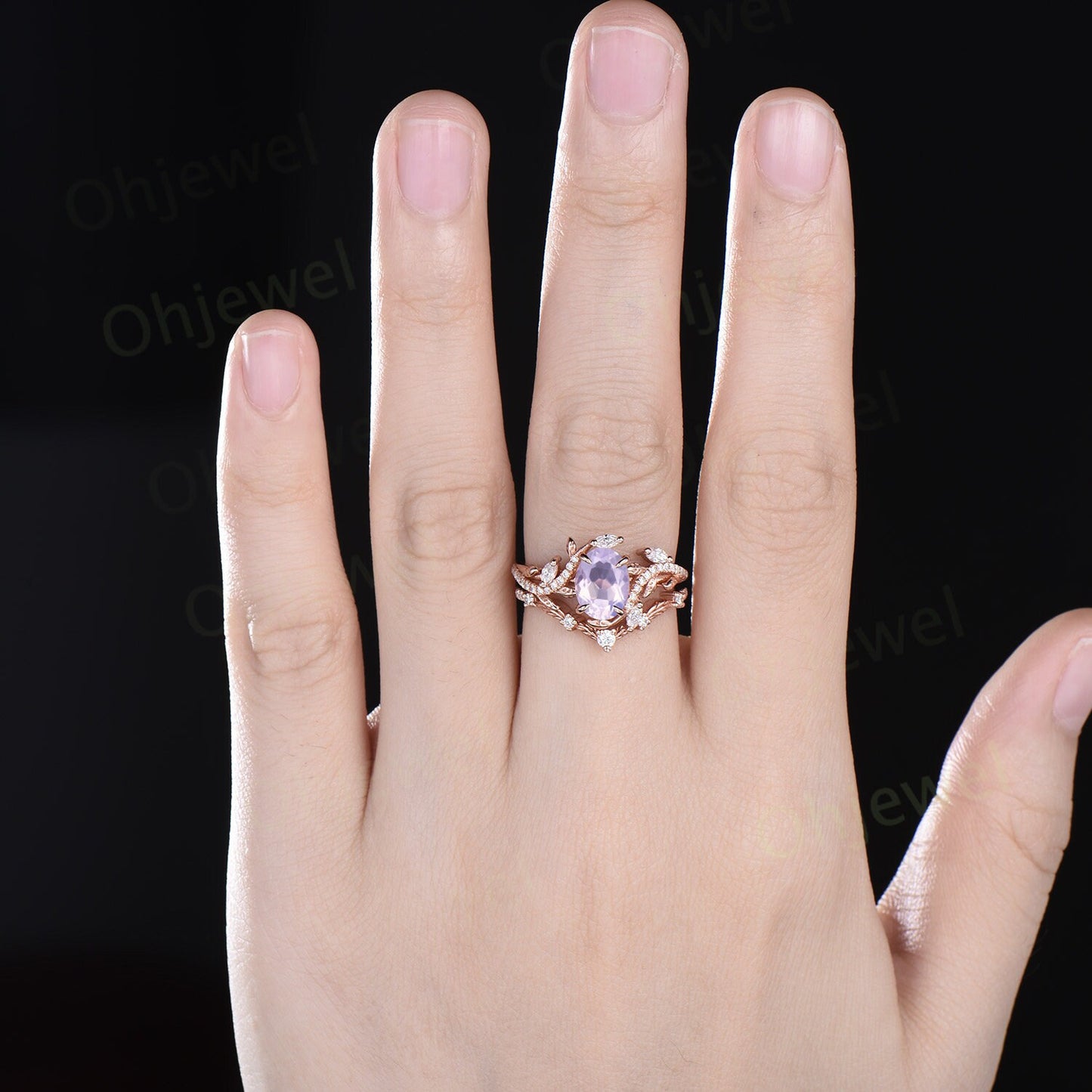 Oval Lavender Amethyst ring vintage rose gold leaf nature inspired unique engagement ring half eternity diamond wedding ring set gift women