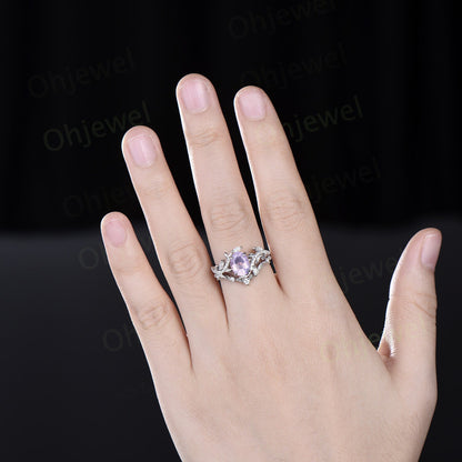 Oval Lavender Amethyst ring vintage rose gold leaf nature inspired unique engagement ring half eternity diamond wedding ring set gift women