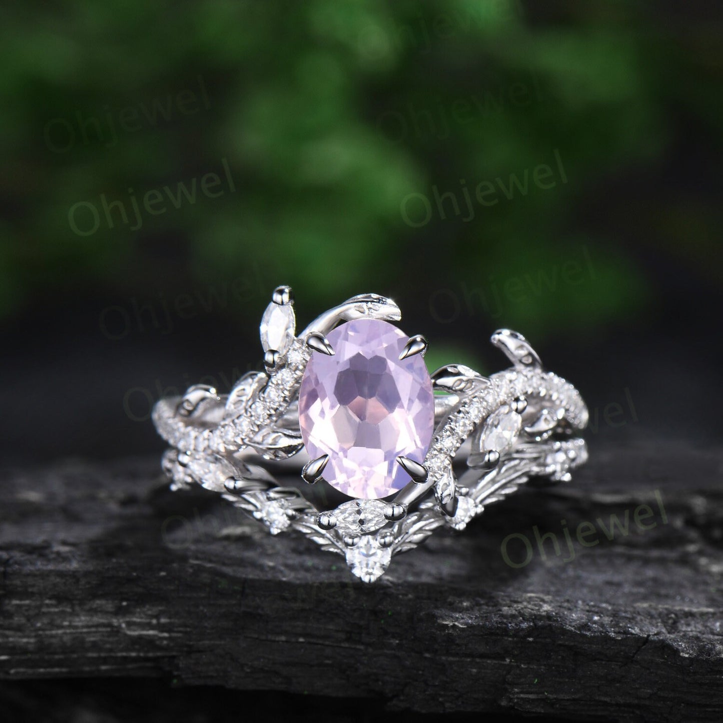 Oval Lavender Amethyst ring vintage rose gold leaf nature inspired unique engagement ring half eternity diamond wedding ring set gift women