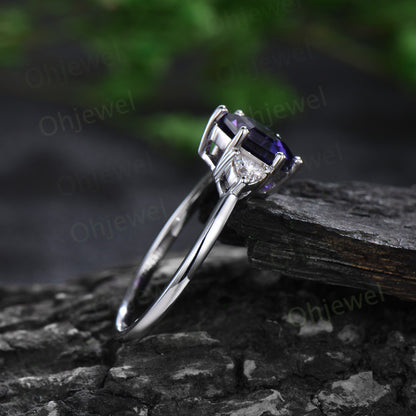 Hexagon cut purple sapphire ring white gold unique three stone engagement ring 6 prong dainty Minimalist wedding anniversary ring women