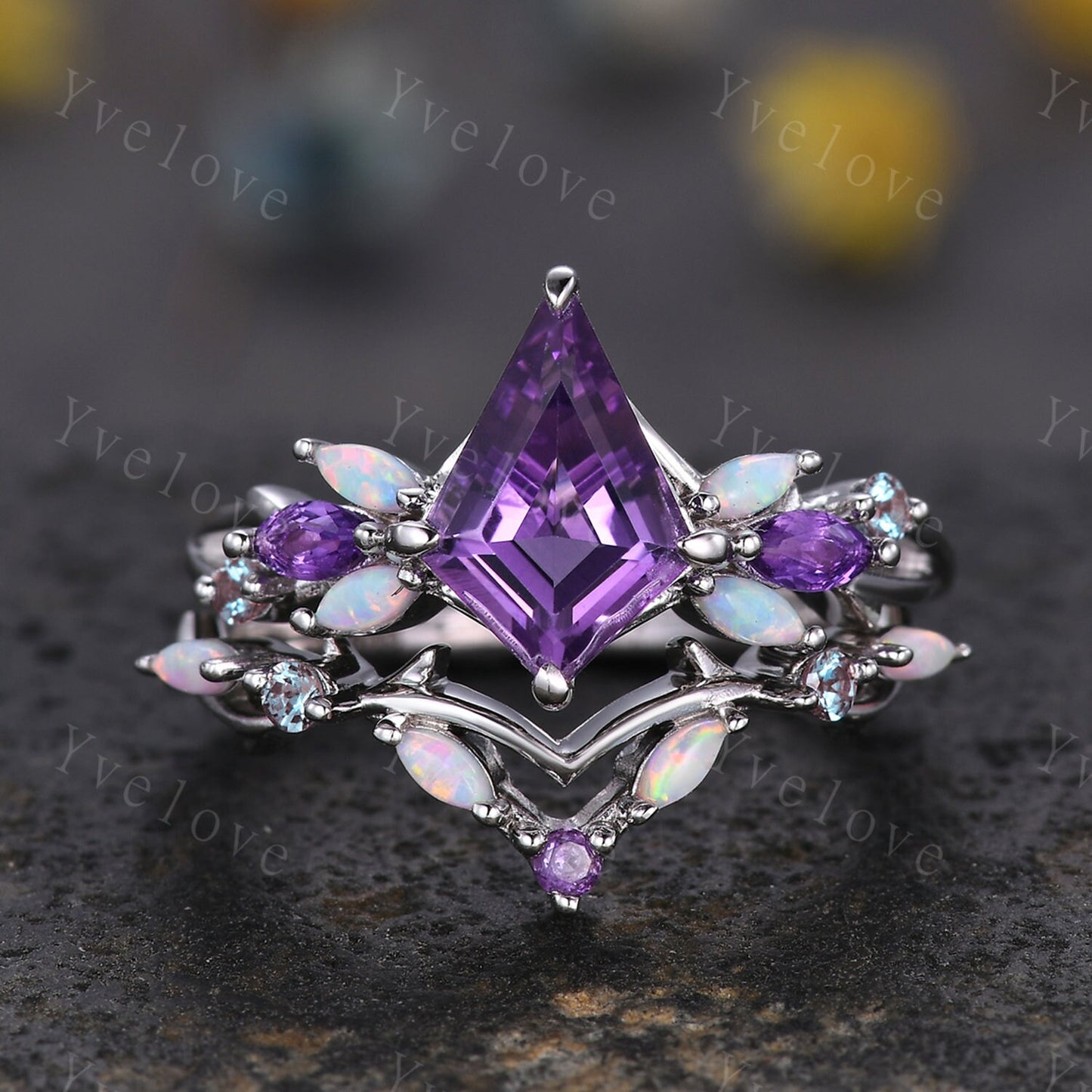 Vintage Kite Amethyst Engagement Ring Set,Black Gold,Vines Amethyst Opal Ring,Women Bridal Set,Unique Twig Anniversary Promise Ring Gift