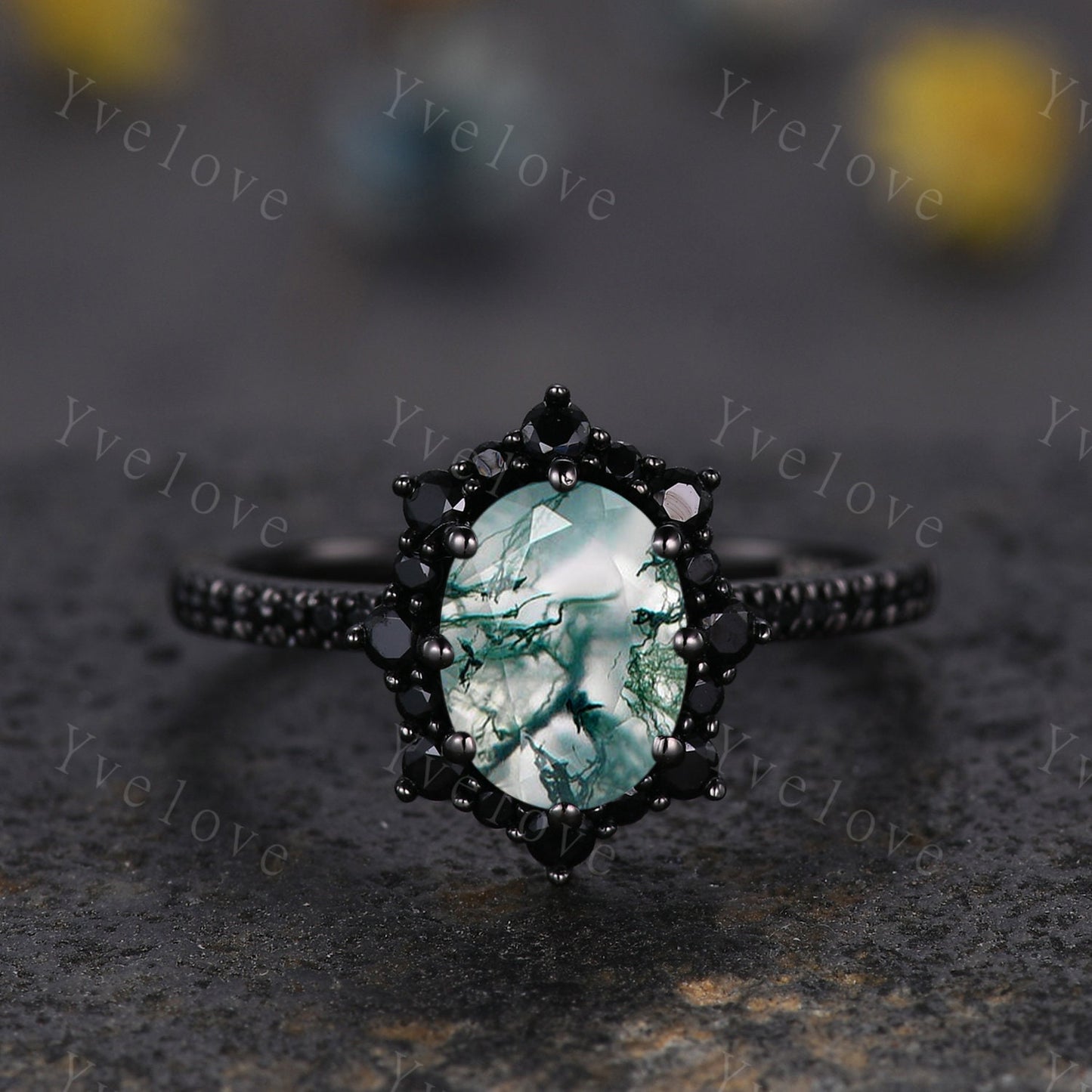 Gothic Oval Shape Moss Agate Engagement Ring Set,Black Gold Black Diamond Promise Ring Set Unique Rhodium Black Witchy Ring Bridal Set Gift