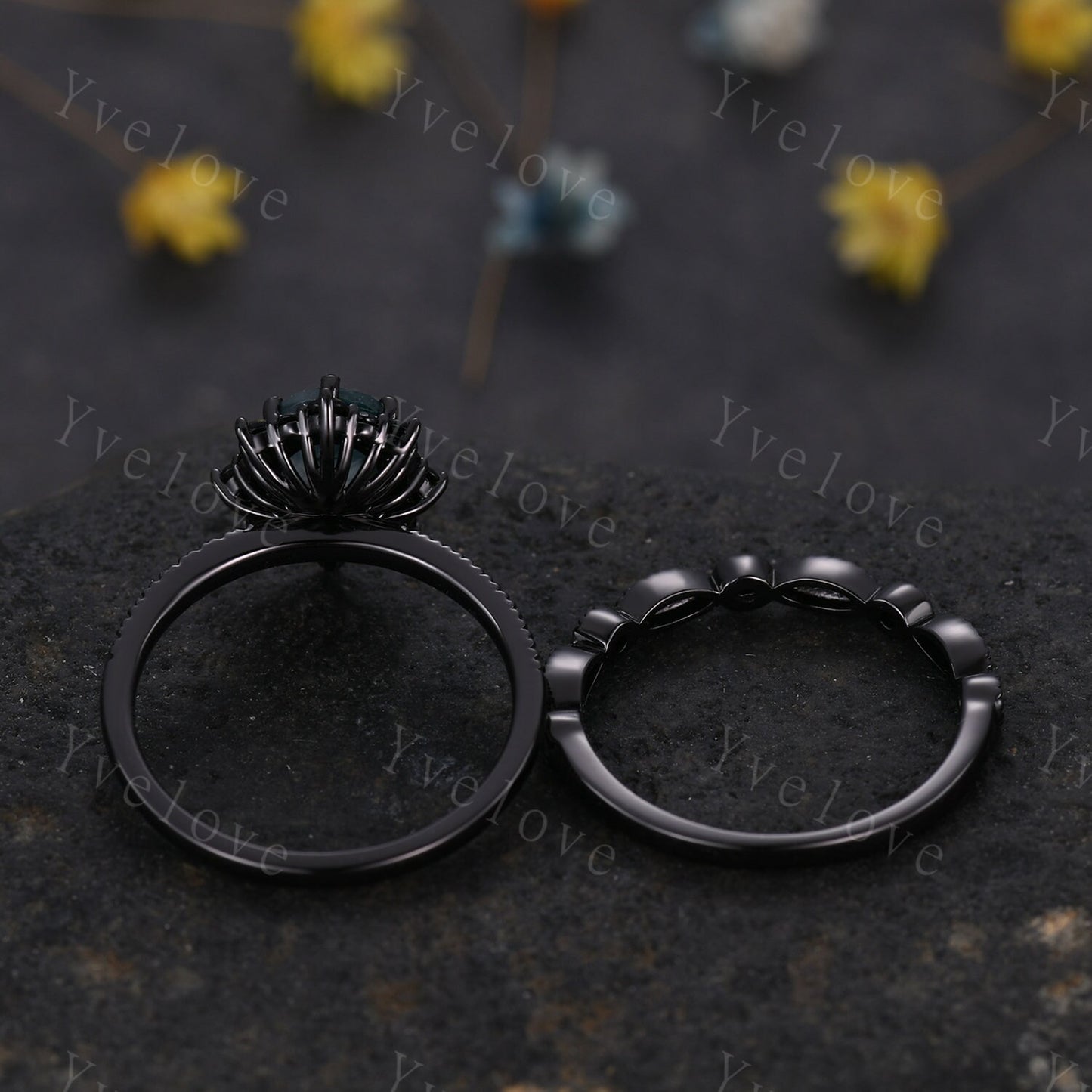 Gothic Oval Shape Moss Agate Engagement Ring Set,Black Gold Black Diamond Promise Ring Set Unique Rhodium Black Witchy Ring Bridal Set Gift