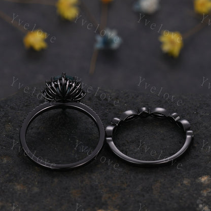 Gothic Oval Shape Moss Agate Engagement Ring Set,Black Gold Black Diamond Promise Ring Set Unique Rhodium Black Witchy Ring Bridal Set Gift