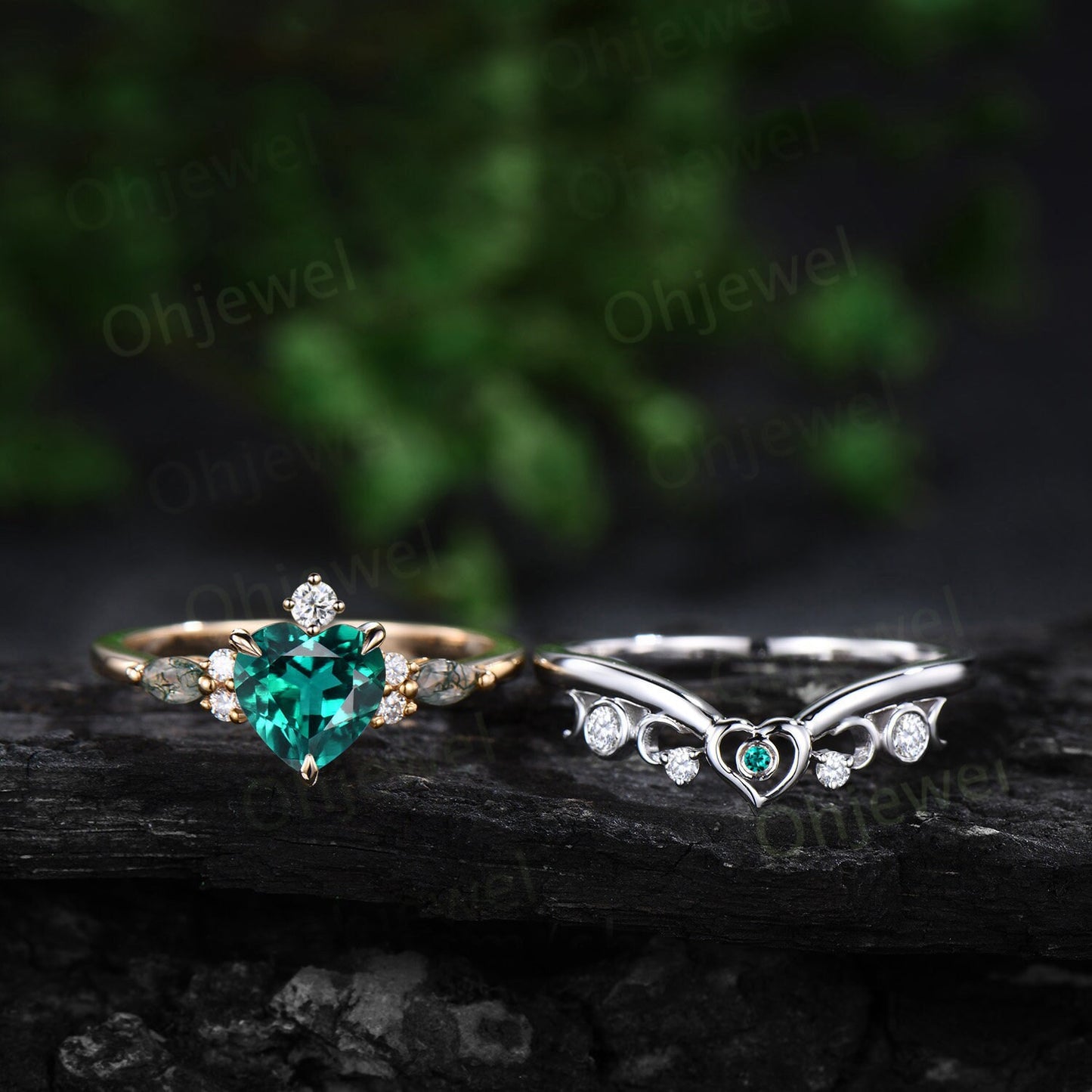 Vintage heart emerald engagement ring rose gold moss agate ring women moon bezel moissanite wedding bridal ring set jewelry