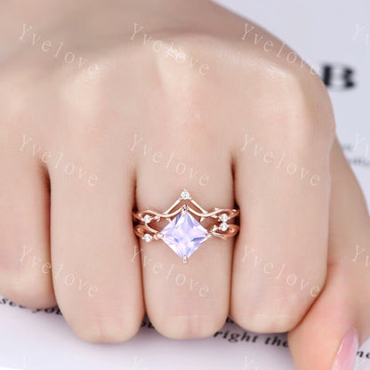 Vintage Princess Cut Lavender Amethyst Engagement Ring Set,Twisted Ring,Leaf Vines Diamond Bridal Set,Dainty Twig Diamond Ring Gift For her