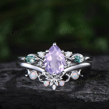 Pear shaped Lavender Amethyst ring vintage unique engagement ring art deco rose gold leaf moon opal ring women twisted promise ring set gift