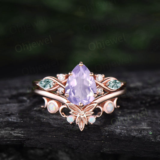 Pear shaped Lavender Amethyst ring vintage unique engagement ring art deco rose gold leaf moon opal ring women twisted promise ring set gift
