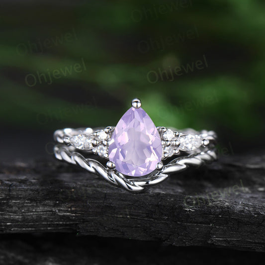 Vintage pear Lavender Amethyst ring white gold twisted unique engagement ring moisanite stacking wedding bridal ring set women gift