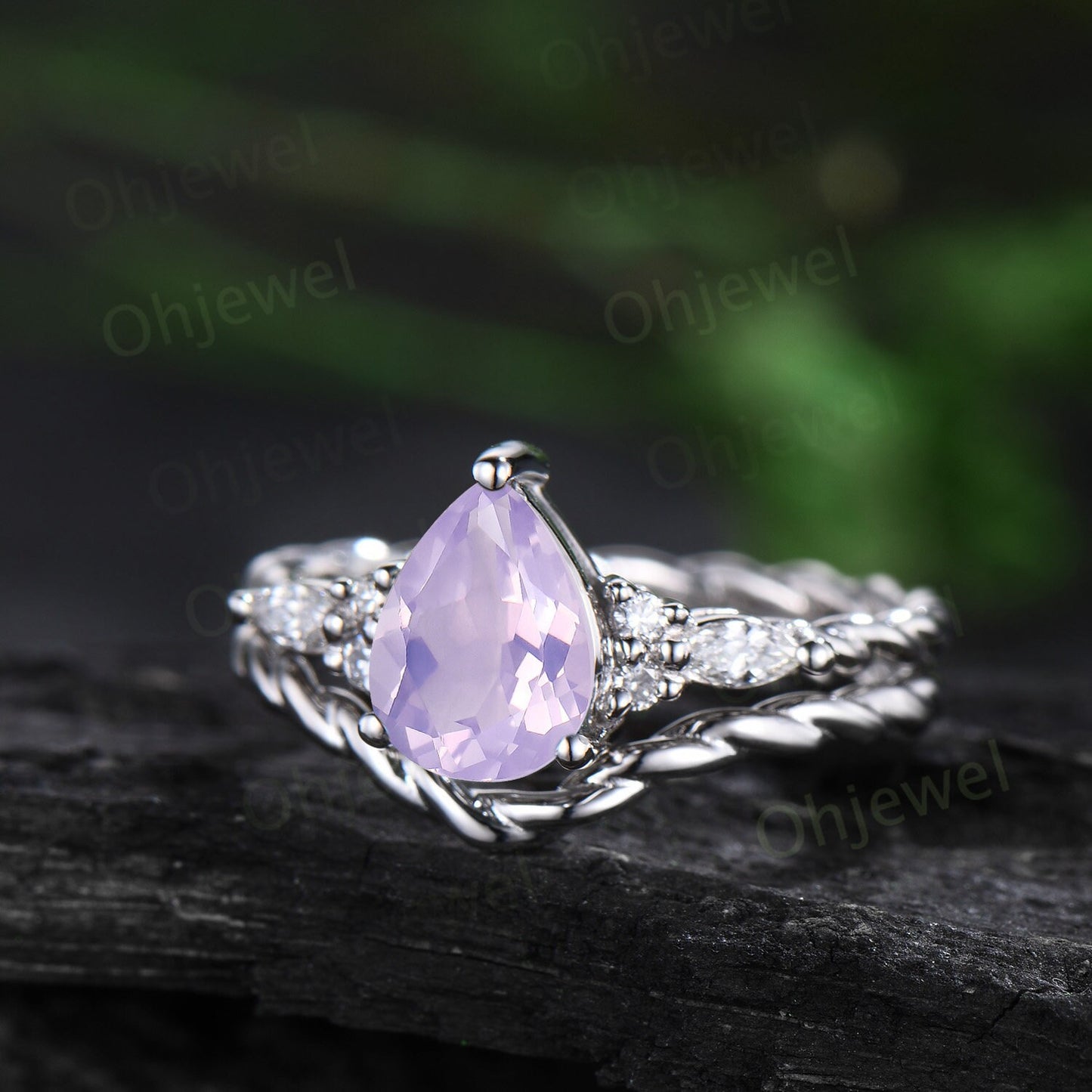 Vintage pear Lavender Amethyst ring white gold twisted unique engagement ring moisanite stacking wedding bridal ring set women gift