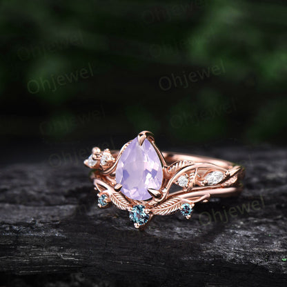 Twig pear shaped Lavender Amethyst engagement ring five stone vintage branch leaf rose gold nature inspired diamond wedding ring set women