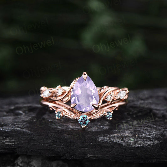 Twig pear shaped Lavender Amethyst engagement ring five stone vintage branch leaf rose gold nature inspired diamond wedding ring set women