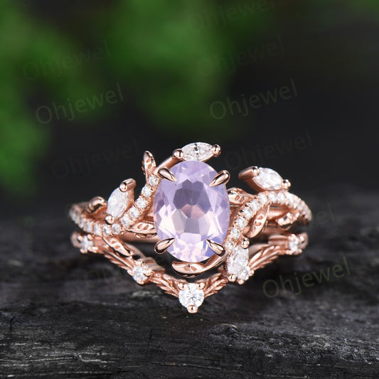 Oval Lavender Amethyst ring vintage rose gold leaf nature inspired unique engagement ring half eternity diamond wedding ring set gift women