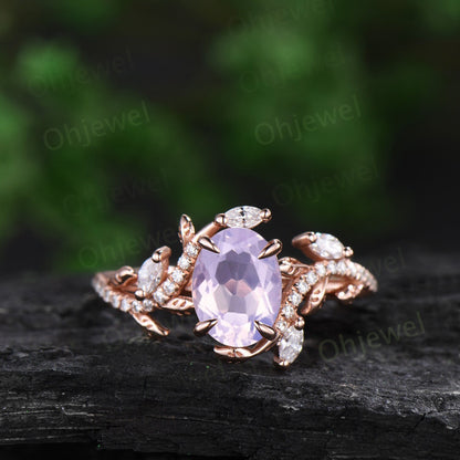 Oval Lavender Amethyst ring vintage rose gold leaf nature inspired unique engagement ring half eternity diamond wedding ring set gift women