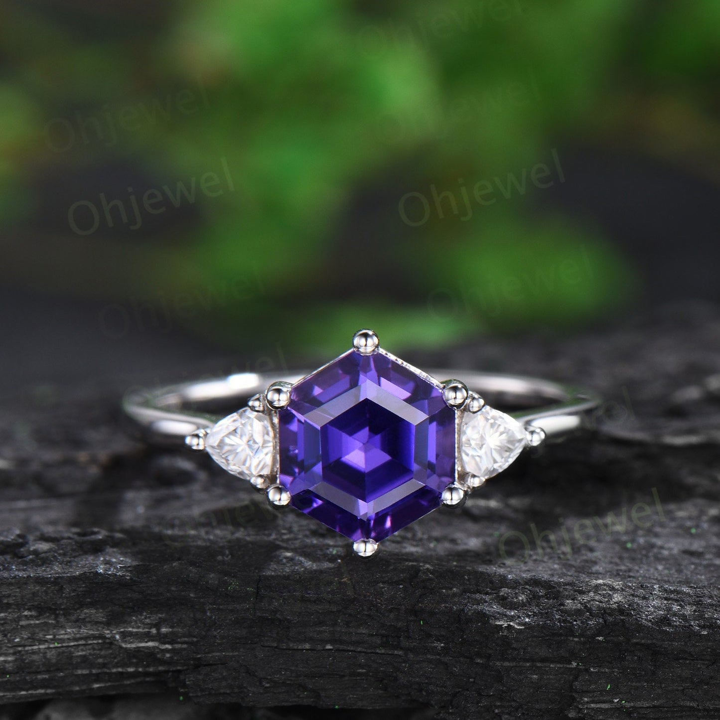 Hexagon cut purple sapphire ring white gold unique three stone engagement ring 6 prong dainty Minimalist wedding anniversary ring women